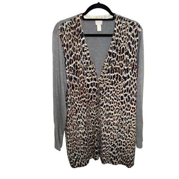 Chico Embellished Animal Print Gray Peyton Button Cardigan Sweater Size 3 XL/16 - Picture 1 of 15
